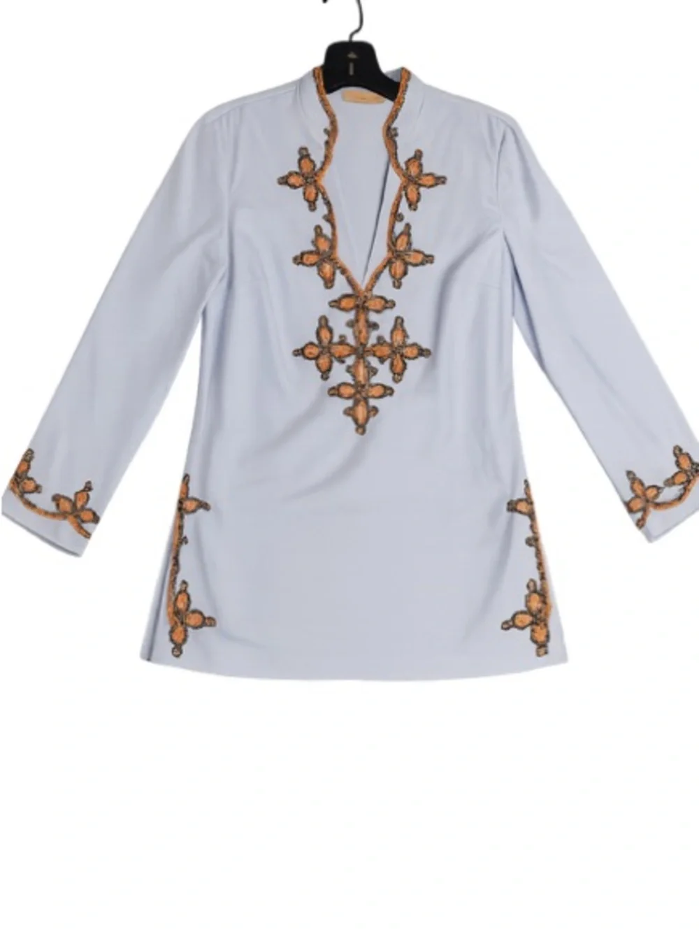 Tory Burch NWOT Classic Embroidered Tunic Blouse Light Blue Orange Size S